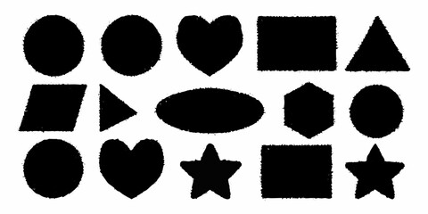 Collection of black geometric and organic shapes with textured edges on a white background