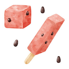 水彩画風の四角く切ったスイカと種のイラスト