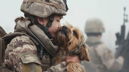 A young soldier in military gear joyfully kisses a small dog amidst a foggy battlefield with fellow troops in the background