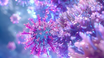 Close-up view of colorful microscopic virus structures surrounded by vibrant cellular environments
