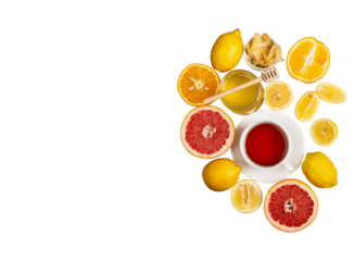 Winter Wellness Ensemble:Bright Overhead Shot Featuring Fresh Lemons, Oranges, Grapefruits, Golden Honey, Spicy Ginger, Comforting Cup of Hot Tea, for Health, Immune Support on transparent background