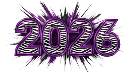 Vibrant 2026 new year celebration with purple zebra pattern and explosive sparkles isolated on transparent background