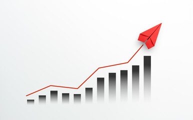 Red paper plane with graph on white background, Business success concept