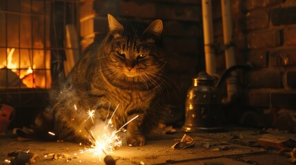 A curious cat observes a sparkler igniting in a cozy, dimly lit room with a fireplace glowing in the background