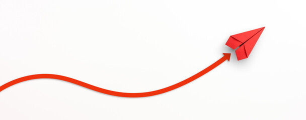 Red paper plane with red arrow on white background, Business success, innovation and solution concept