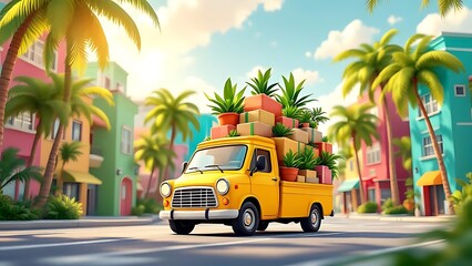Yellow truck loaded with boxes and plants on a sunny street with palm trees.
