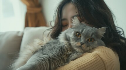 A woman cuddles a fluffy grey cat in a cozy indoor setting, with soft natural light streaming through the window