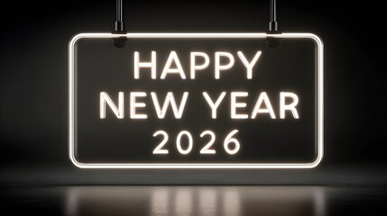 Minimalist modern design with glowing white &ldquo;Happy New Year 2026&rdquo; on a dark gradient backdrop