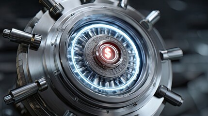 High-tech money vault opening futuristic laboratory digital artwork cyber environment close-up view finance concept