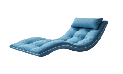 Blue tufted ergonomic chaise lounge with padded cushioning and matching head pillow, featuring a curved modern profile for comfortable reclining.
