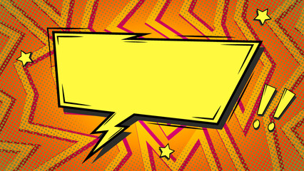 Vibrant comic-style background with bold yellow speech bubble, halftone dots, dynamic orange rays, and star accents. Ideal for pop art posters, announcements, retro banners, and creative designs.