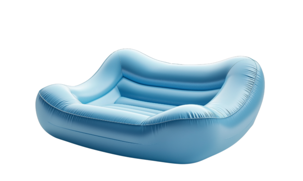 Light blue inflatable lounger sofa with contoured sides, ribbed cushioned seat and ergonomic shape for comfortable lounging.