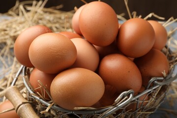 Raw chicken eggs, metal basket and straw on grey table against brown background, closeup