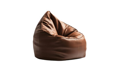 Brown leather bean bag chair with stitched seams and a plush, contoured shape for relaxed lounge seating.