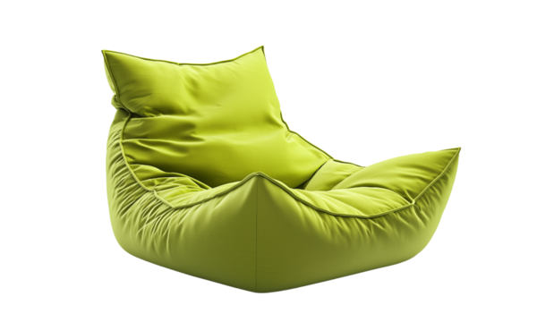 Lime-green bean bag chair with high back cushion, soft fabric upholstery, stitched tufted detailing and a low-profile lounger design.