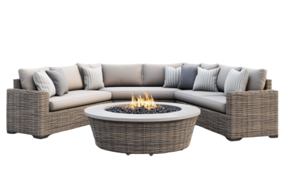 Curved wicker sectional sofa with beige cushions and multiple throw pillows arranged around a round fire pit