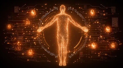 Digital Human Silhouette with Security Symbols in Tech Background