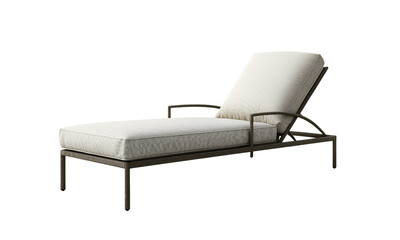 Cushioned wicker chaise lounge with adjustable back, cream linen upholstery and curved metal armrests for comfortable outdoor reclining.