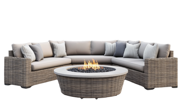 Curved wicker sectional sofa with beige cushions and multiple throw pillows arranged around a round fire pit
