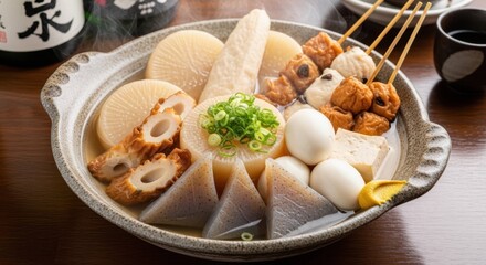 居酒屋のカウンターで食べるおでん盛り合わせ