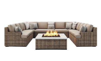U-shaped wicker sectional sofa with beige cushions and a central fire pit table, designed for lounge seating and entertaining.