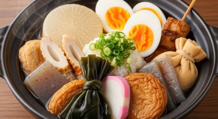 日本の冬の定番料理、おでんのクローズアップ