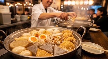 居酒屋のカウンターで煮込まれるおでん