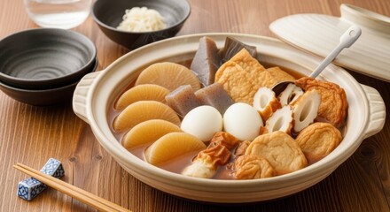 土鍋で煮込んだ日本の冬の家庭料理おでん