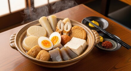 湯気の立つおでんの盛り合わせと薬味