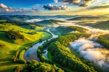 Serene River Valley at Sunrise A Breathtaking Aerial View of Rolling Hills, Lush Forests, and Misty Morning Light