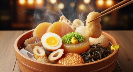 木桶に美しく盛り付けられた創作おでん