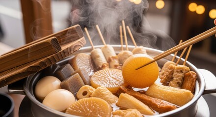 鍋から熱々のおでんの大根を取り分ける