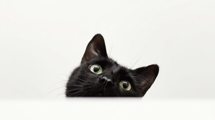 A small black cat with green eyes peeks over a white surface. Its ears are pointed, and it has a curious expression.
