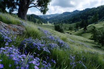Lush green meadow filled with vibrant wildflowers under a cloudy sky in the countryside