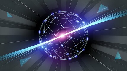 Glowing digital sphere with light beam in futuristic tunnel