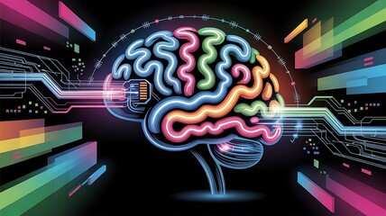 Futuristic neon brain with digital circuitry and light streaks