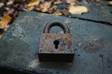 Rusty padlock on a stone surface. Autumn leaves in background