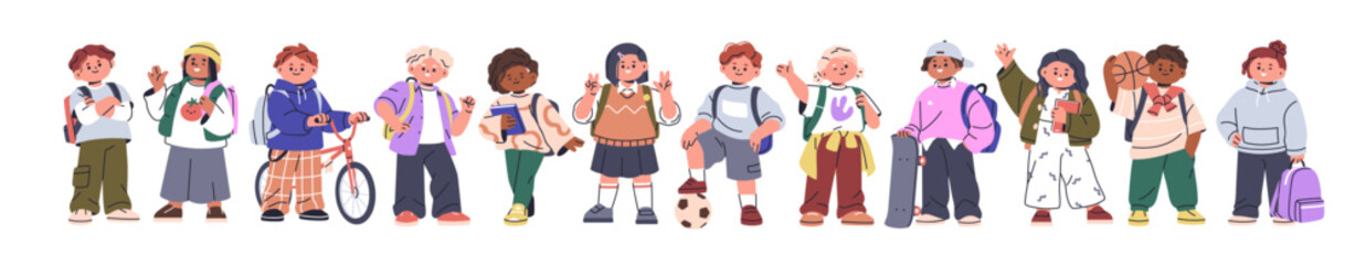 School kids set. Diverse schoolkids, happy children, boys and girls in casual clothes. Child student characters with bag, skateboard, ball. Flat vector illustration isolated on white background