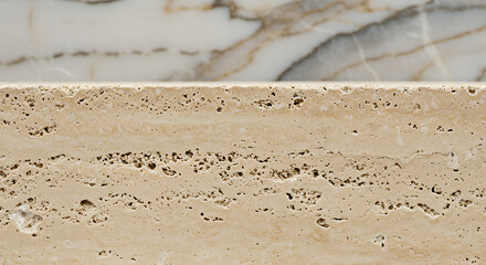 Close up of porous travertine stone with horizontal bands and marble background texture detail