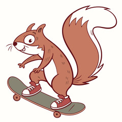 Cute cartoon squirrel riding a skateboard with dynamic pose and fluffy tail isolated on transparent background