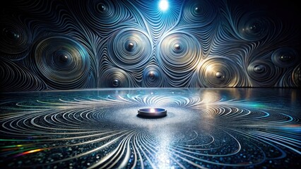 A single illuminated candle rests on a reflective surface, adorned with swirling, metallic patterns, creating a mesmerizing, artistic, and serene scene.