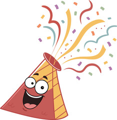 Happy party hat character exploding confetti joyful celebration isolated on transparent background