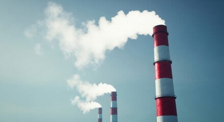 Industrial chimneys emitting smoke against a clear blue sky on a sunny day creating pollution