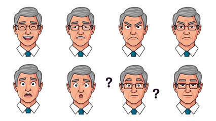 Comprehensive Set of Senior Male Facial Expressions Diverse Emotions and Reactions for Character Design and UI