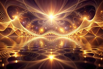 Golden Celestial Waterscape A Reflective Symphony of Light and Energy, Featuring Intricate Wave Patterns and Sparkling Particles
