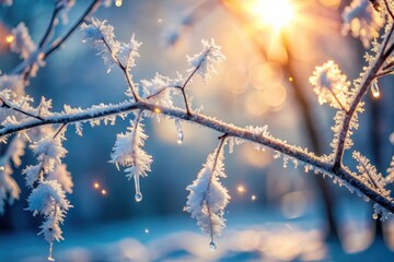 Winter's Gentle Embrace A Frost-Kissed Branch Glistening in the Golden Hour Sunlight