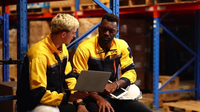 Laptop computer technology. Teamwork. Caucasian Man inventory manager talking with black man employees in warehouse. inventory for shipping, ecommerce or wholesale supplier