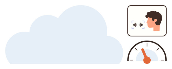 Large cloud shape, face with soundwave for voice recognition, gauge with needle indicating speed or performance. Ideal for technology, data storage, AI, innovation, communication, efficiency digital