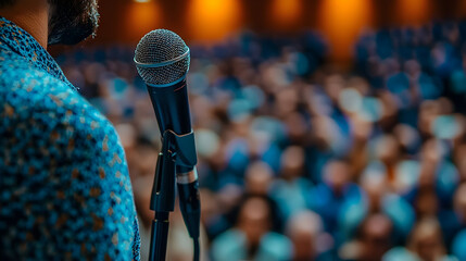 Speaker addresses blurred audience with microphone in focus, bat