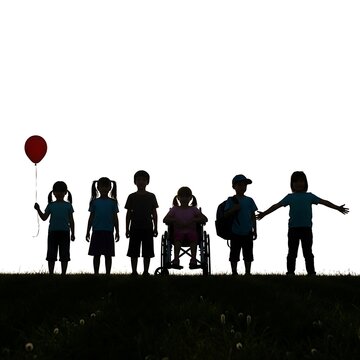 Silhouettes of Children Playing and Exploring Outdoors at Sunset